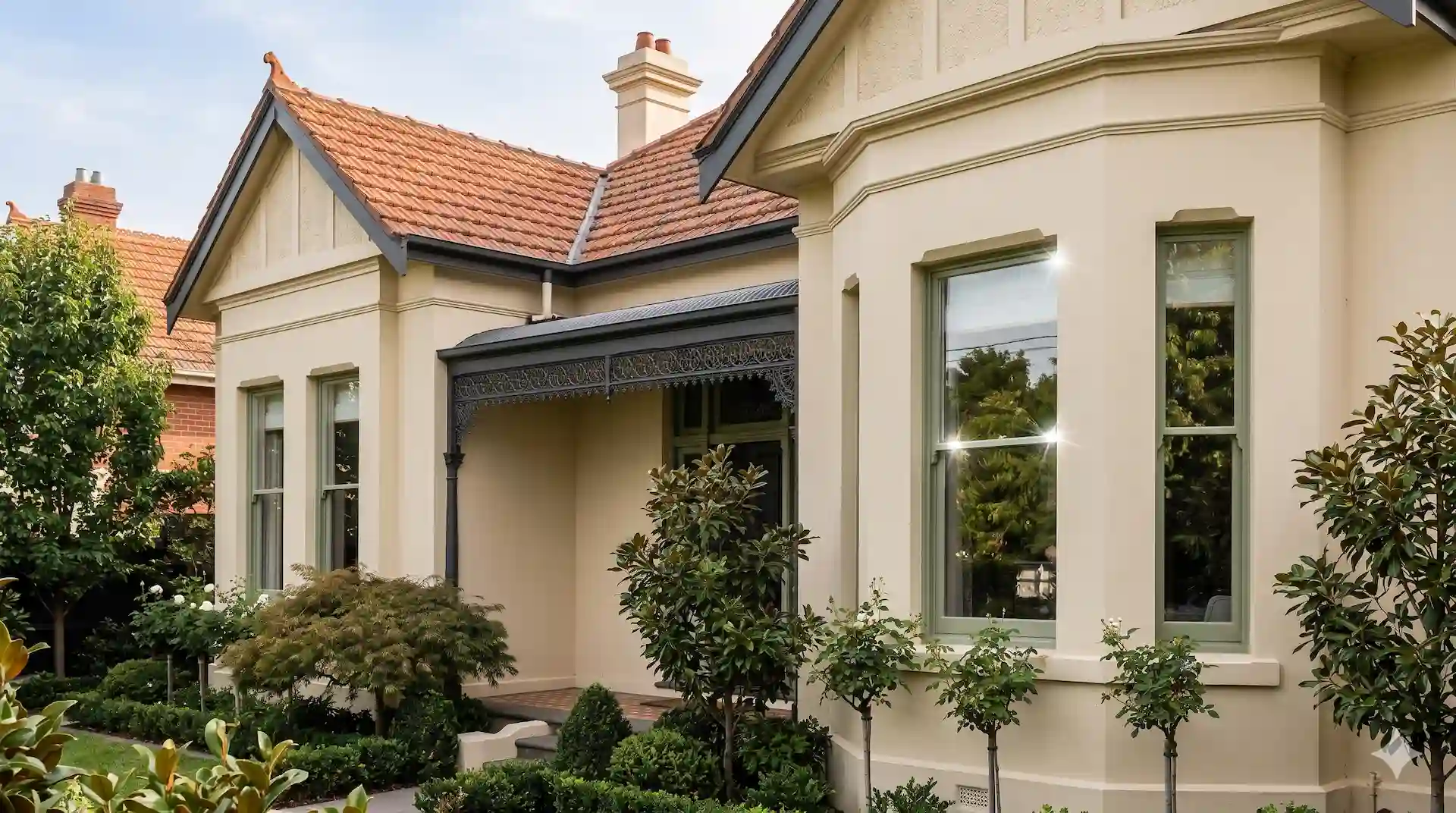 Heritage Victorian villa in Melbourne's inner-east, with terracotta roof, ornate iron lacework, sage-green sash windows and a manicured front garden.