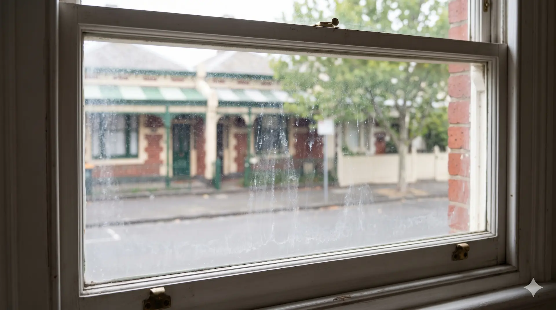 Close detail of hard water mineral staining on an original heritage window pane, cloudy patch visible against the clean surrounding glass.