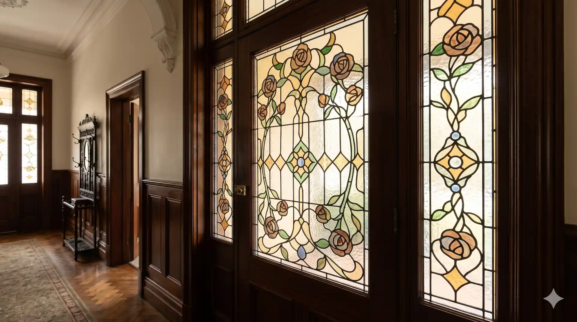 Original Victorian leadlight panel set into a heritage timber sash window, coloured glass diamond pattern catching morning light.
