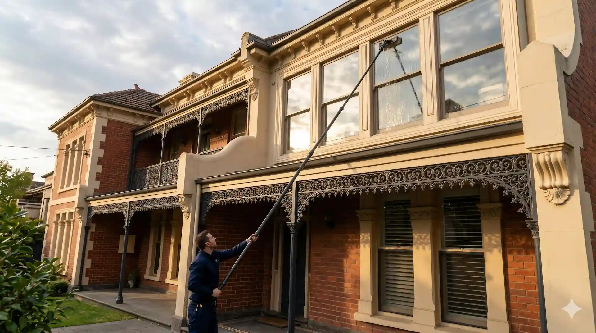 Two-storey Edwardian terrace in Melbourne's inner-east, ornate iron lacework on the upper balcony, sash windows on both levels.